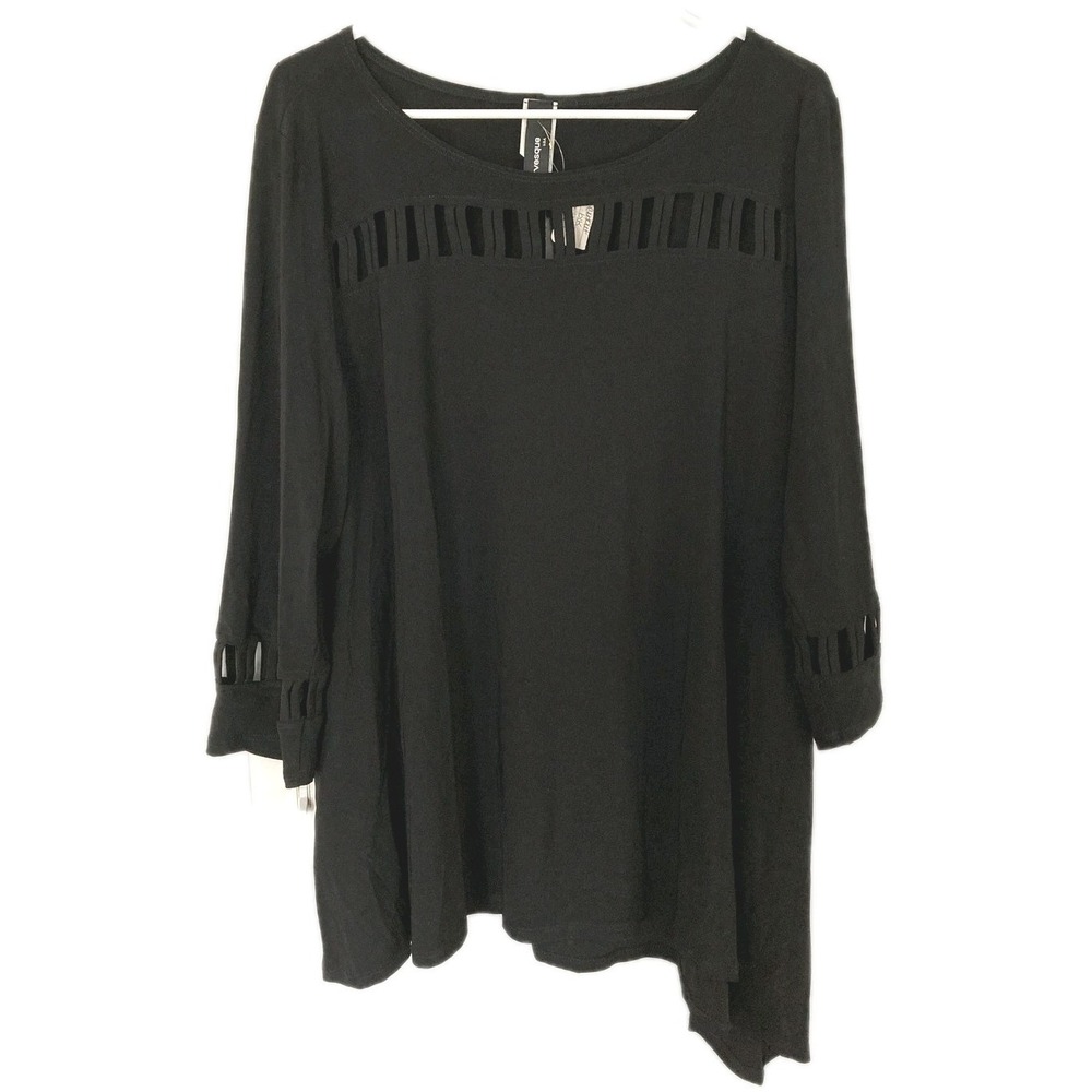 Curvesque Tunic Top Women 1XL Black Cutout Strap 3/4 Sleeve Stretch Asym Hem NWT